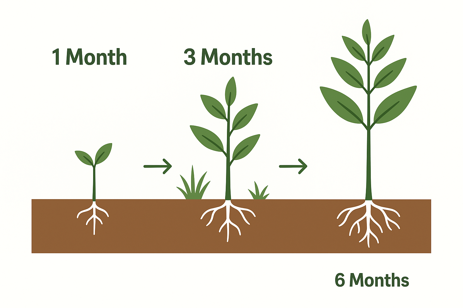 Crescimento do eucalipto na fase inicial de 1, 3 e 6 meses, mostrando raízes e desenvolvimento da muda. Infográfico didático sobre fase de arranque para entender quanto tempo o eucalipto demora para dar lucro.