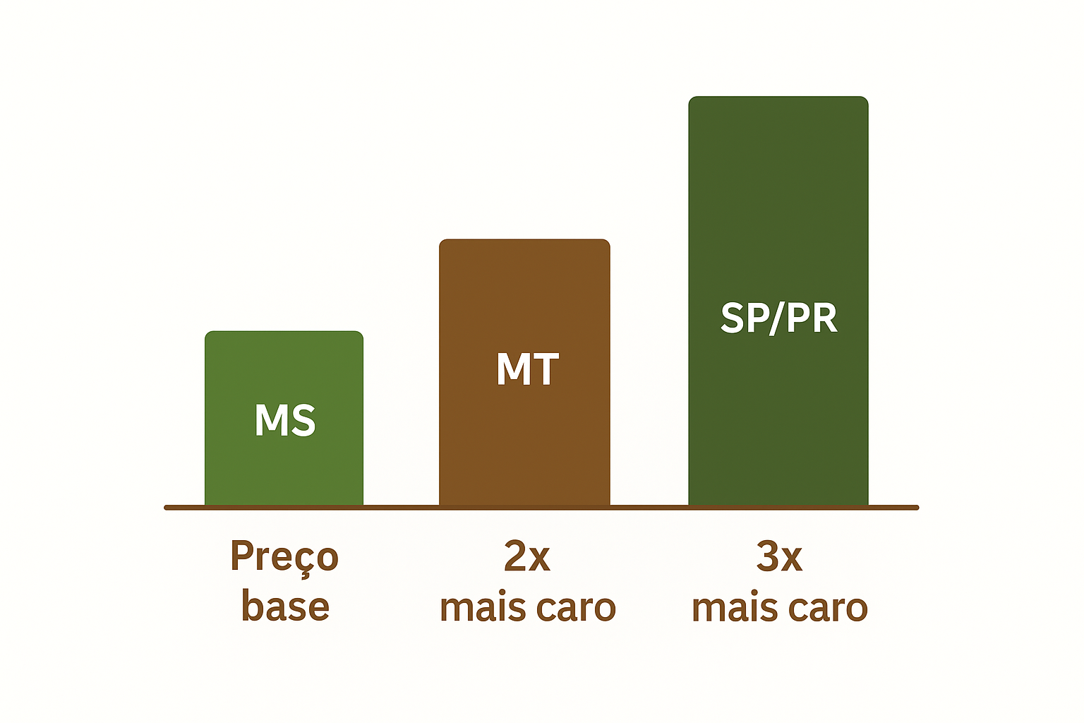 Gráfico de barras compara preços de terras em MS, MT e SP/PR, evidenciando que compensa investir em eucalipto no Mato Grosso do Sul pelo custo mais competitivo.