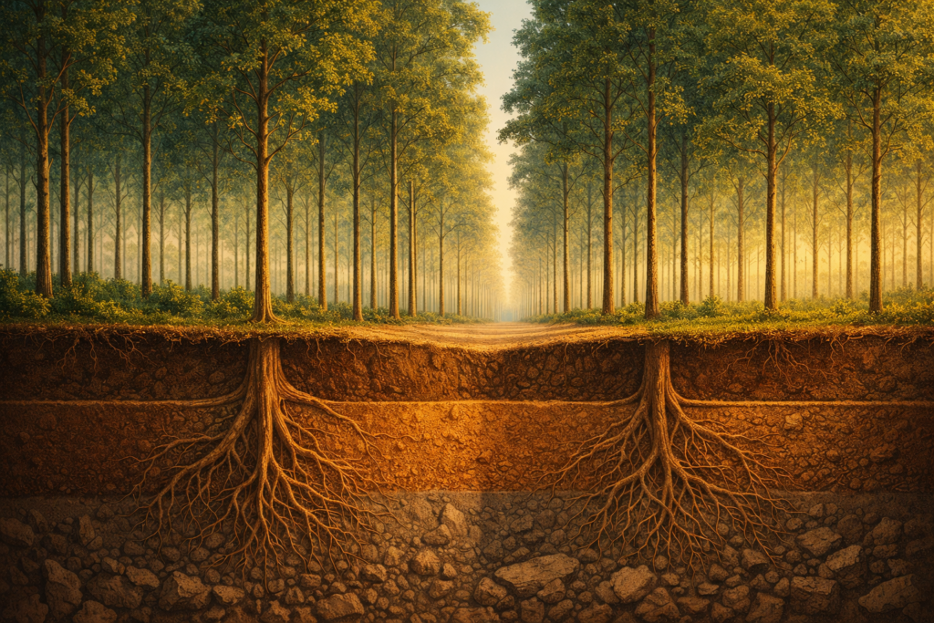 Ilustração semirrealista de uma floresta de eucalipto com corte do solo, mostrando raízes profundas em camadas estruturadas de terra, simbolizando estabilidade, planejamento de longo prazo e segurança no investimento florestal.