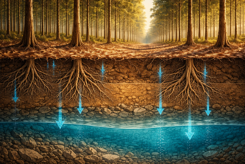 Ilustração em corte transversal de floresta de eucalipto mostrando solo seco na superfície e, abaixo, raízes profundas, camadas estruturadas de terra e infiltração de água até o lençol freático, representando processos hidrológicos e estabilidade ambiental.