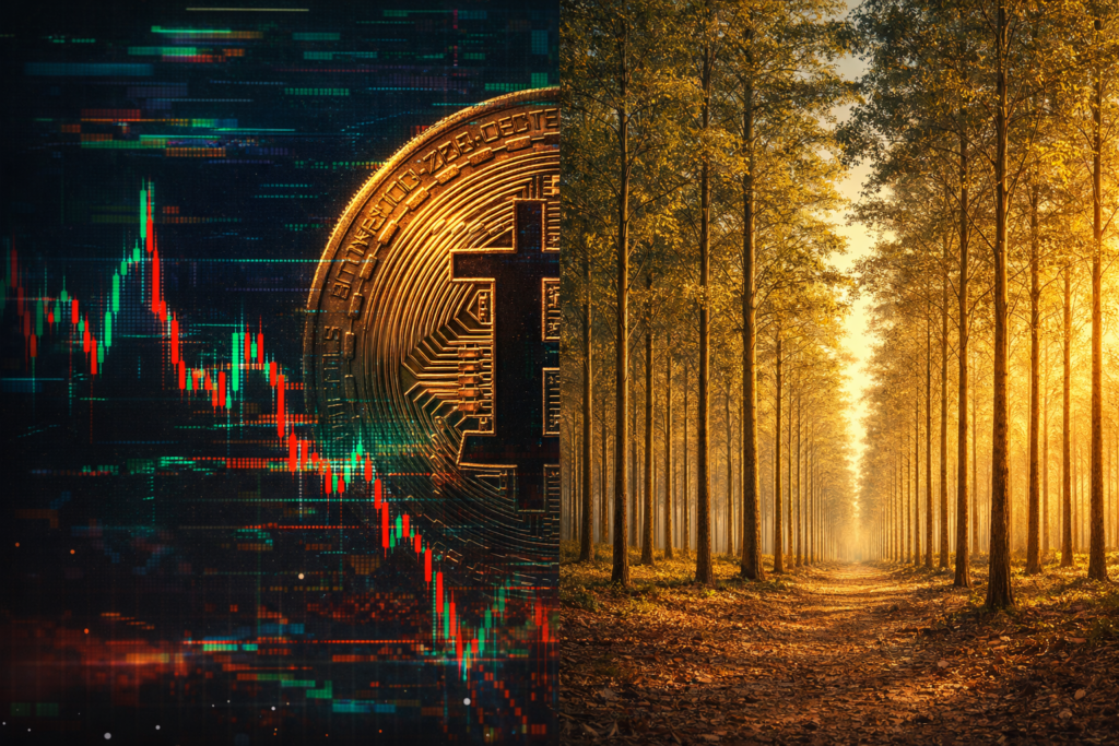 Imagem dividida ao meio comparando um gráfico digital instável associado ao Bitcoin e uma floresta de eucalipto iluminada pelo sol, representando a diferença entre volatilidade financeira e crescimento estável no investimento florestal.