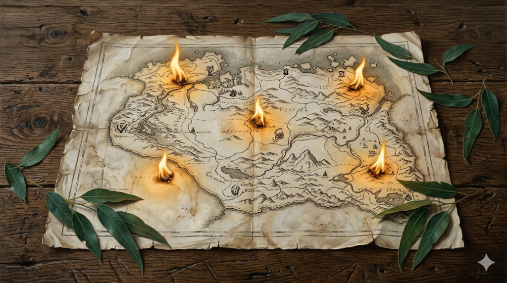 Mapa envelhecido aberto sobre mesa de madeira bruta com cinco chamas douradas acesas em pontos específicos — metáfora sobre os municípios do Mato Grosso do Sul que concentram os maiores investimentos do agronegócio