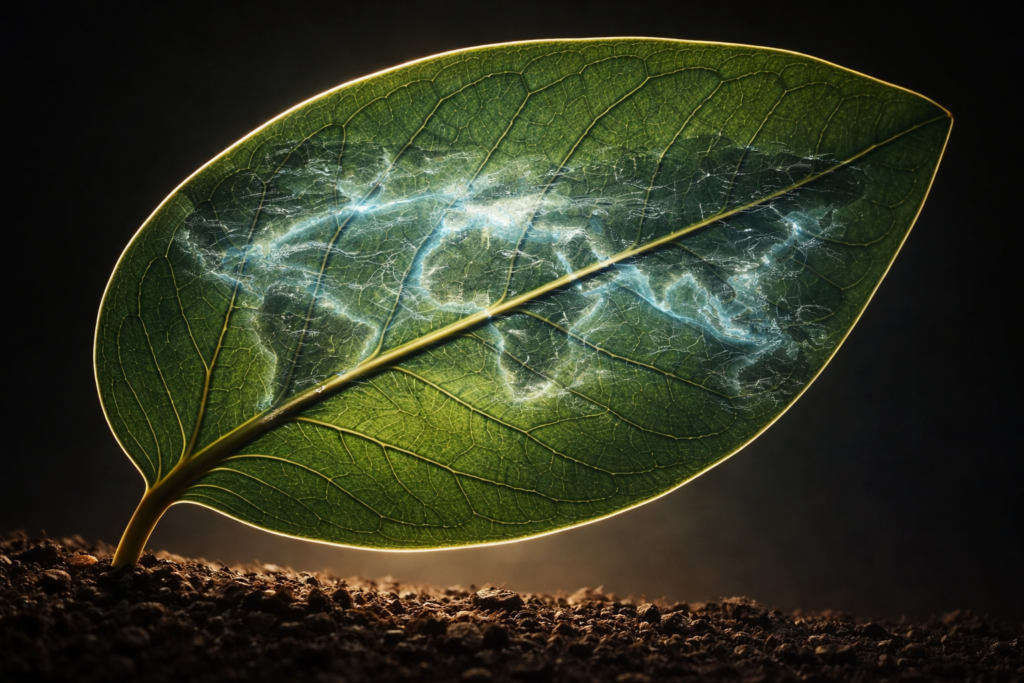 Folha de eucalipto retroiluminada com rotas marítimas globais visíveis através de sua estrutura translúcida — metáfora sobre a cadeia produtiva do eucalipto do campo ao mercado internacional