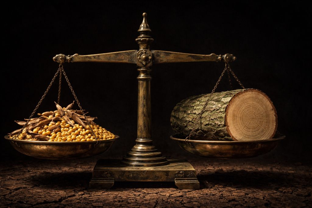 Balança antiga de latão com grãos de soja dourados num prato e tronco de eucalipto cortado no outro, com o eucalipto pesando mais — metáfora sobre comparativo de retorno financeiro entre as duas culturas em sete anos