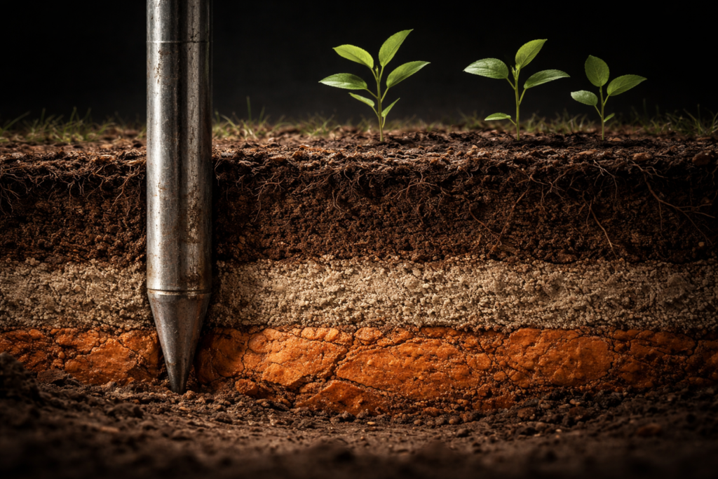 Sonda de solo cravada em corte transversal da terra revelando três camadas — verde vivo, branco arenoso e marrom impermeável — metáfora sobre análise técnica dos fatores eliminatórios na escolha de fazenda para eucalipto