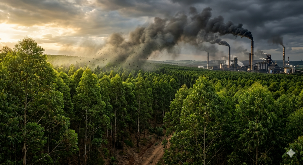 Floresta de eucalipto absorvendo emissões de CO₂ provenientes de indústrias ao fundo — representação da capacidade de captura de carbono em ciclos produtivos rápidos no contexto do aquecimento global.