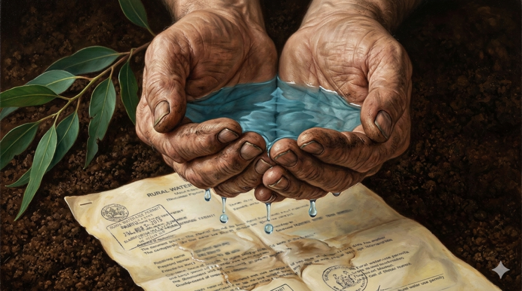 Mãos em concha segurando água cristalina que escorre sobre documento de outorga deteriorado — metáfora sobre análise hídrica e regularização na compra de fazendas