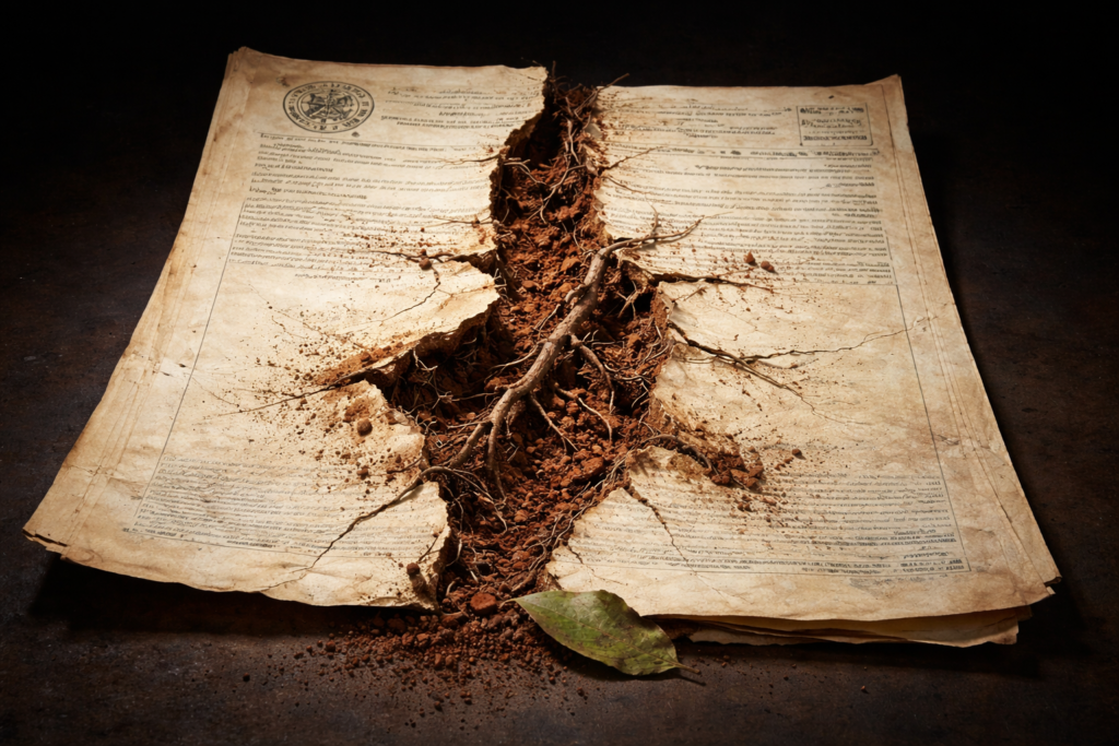 Documento de matrícula rural envelhecido com rachadura central de onde irrompe terra vermelha e raízes secas — metáfora sobre armadilhas documentais na compra de fazendas