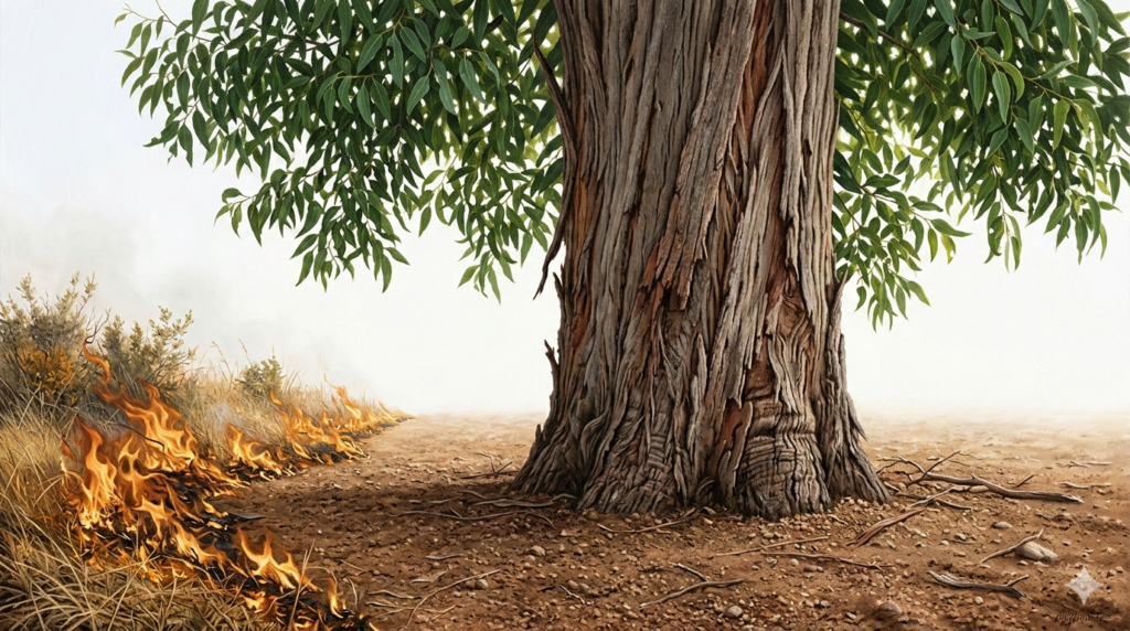 Tronco de eucalipto adulto em primeiro plano com fogo rasteiro avançando pelo chão mas detido pelo aceiro de terra nua — metáfora sobre prevenção de incêndios em plantações florestais