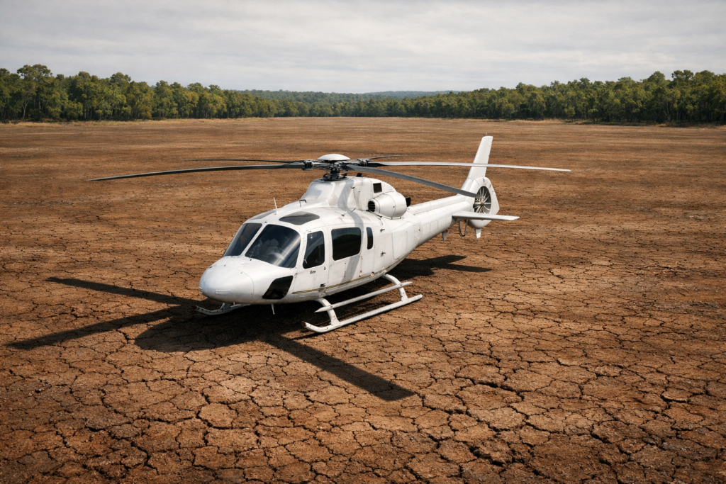Helicóptero branco pousado no centro de pasto completamente vazio e terra seca, cercado apenas por vegetação verde nas bordas — metáfora sobre o golpe do falso comprador milionário em venda de fazenda porteira fechada