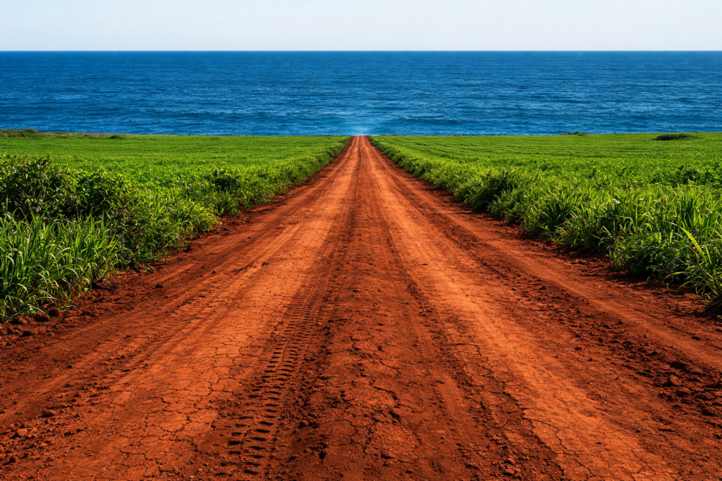 Estrada de terra vermelha em perspectiva frontal que se transforma em oceano azul no horizonte sem transição — metáfora sobre a Rota Bioceânica e o novo corredor logístico do agronegócio do Mato Grosso do Sul ao mercado asiático