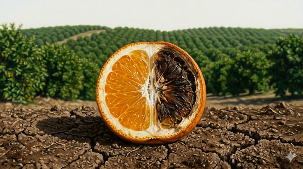 Laranja cortada ao meio pousada em solo rachado de fazenda com polpa viva de um lado e lesão escura avançando do outro, pomar ao fundo desfocado — metáfora sobre o risco do HLB greening na escolha de fazenda para citricultura