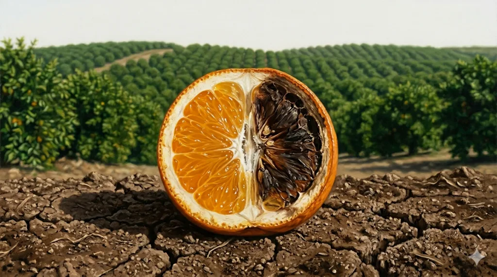 Laranja cortada ao meio pousada em solo rachado de fazenda com polpa viva de um lado e lesão escura avançando do outro, pomar ao fundo desfocado — metáfora sobre o risco do HLB greening na escolha de fazenda para citricultura